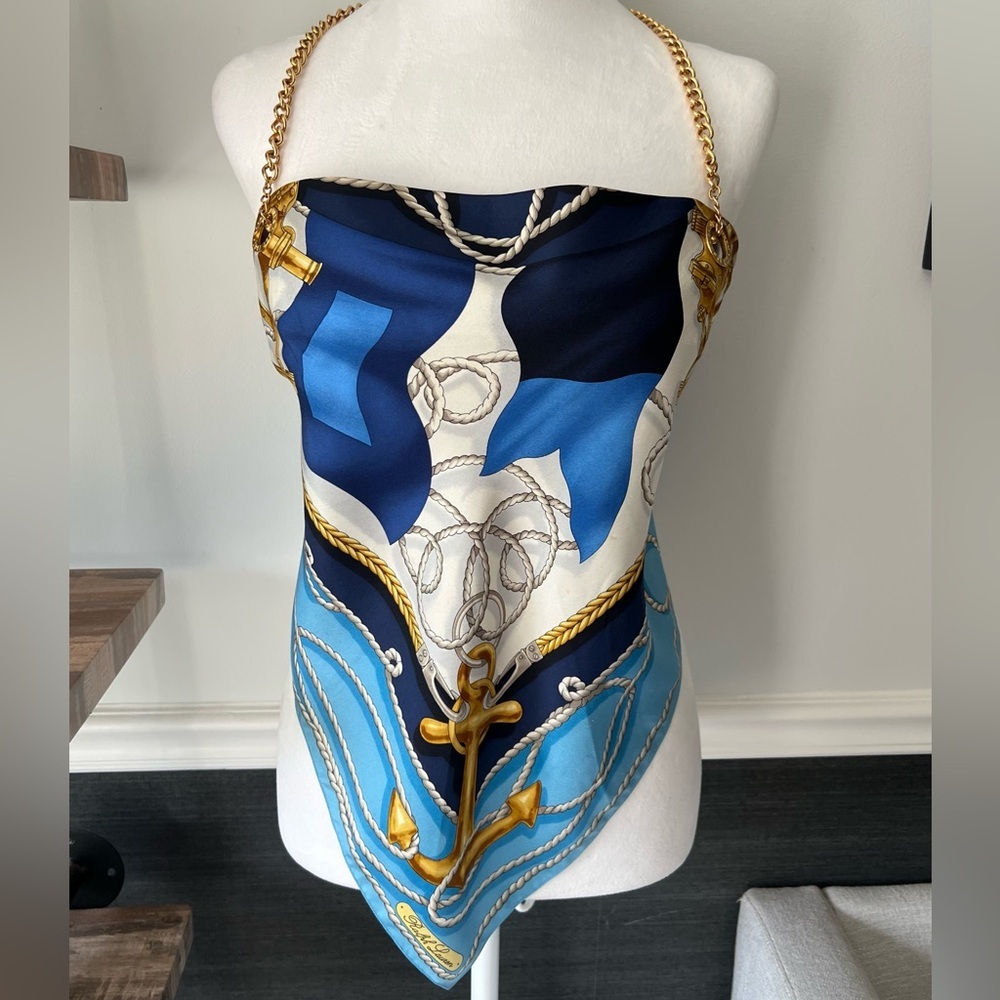 Ralph Lauren Rare Nautical Silk Scarf Top with Gold Chain